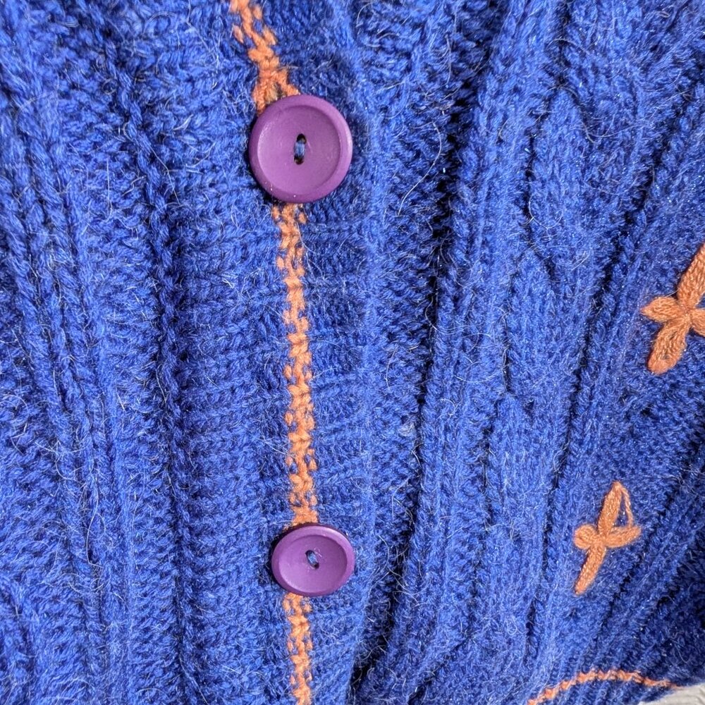 Vintage Chunky Cable Knit Cardigan Blue Orange Wool Blend 80s size M to L Retro - Picture 7 of 16